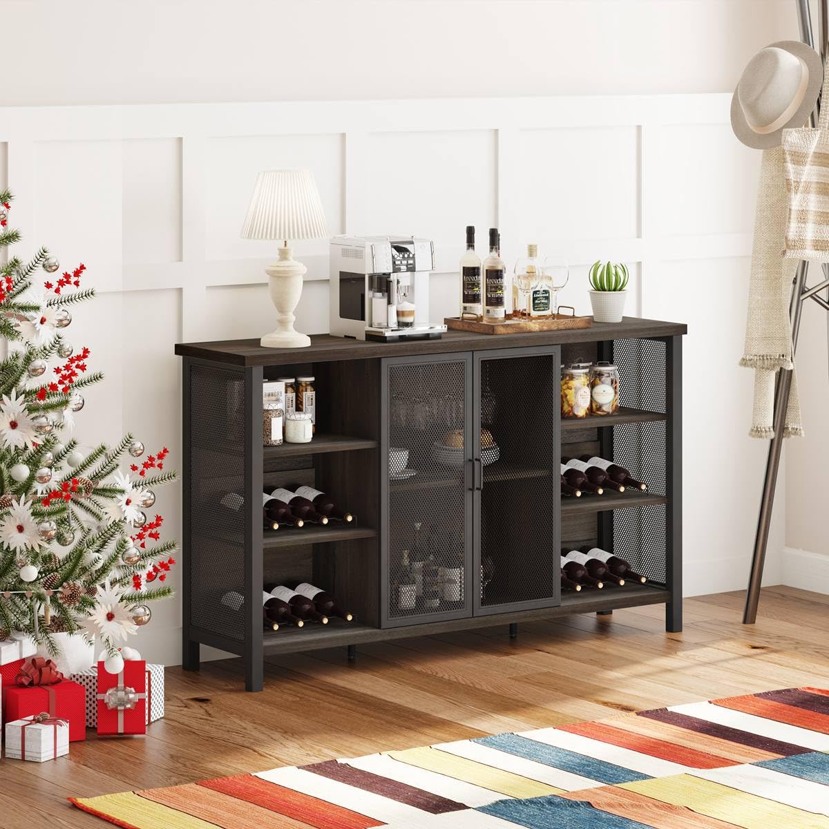 FATORRI Wine Bar Cabinet for Liquor and Glasses, Industrial Coffee Bar Cabinet, Farmhouse Sideboard and Buffet Cabinets with Storage, Wood and Metal Wine Rack (55 Inch, Walnut Brown) FATORRI