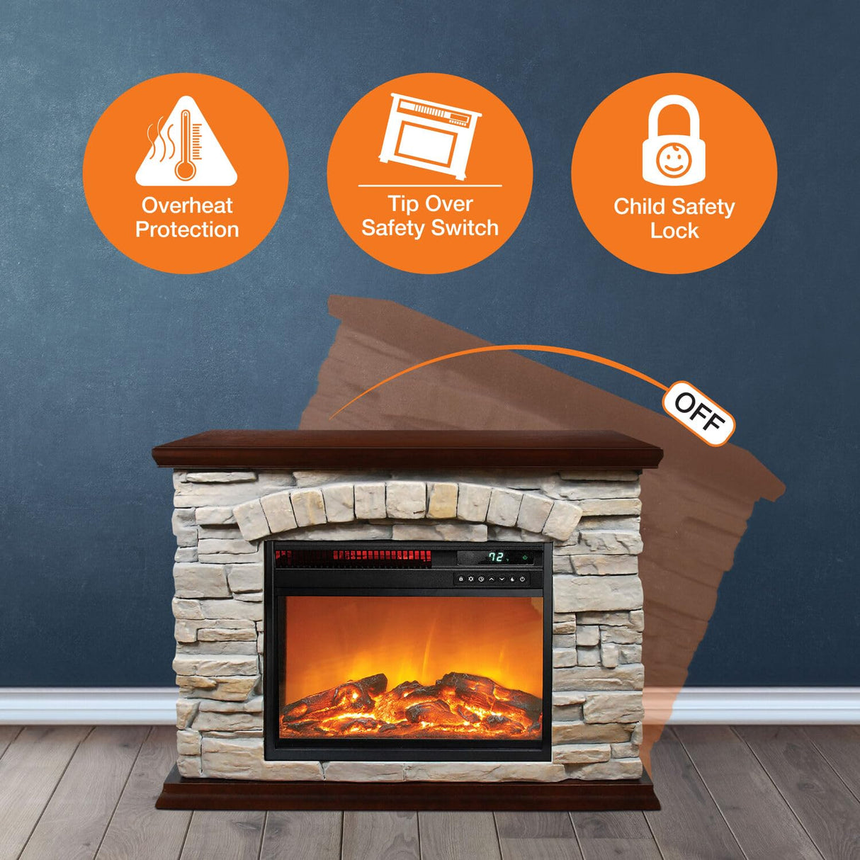 Lifesmart Large Square Infrared Faux Stone Fireplace, Fake Fireplace Heater with Mantel and Adjustable Settings for Living Room, Bedroom LifeSmart