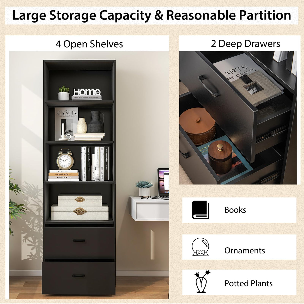 IFANNY 74" Tall Bookcase, Freestanding Bookshelf w/ 4 Open Shelves & 2 Drawers, Modern Display Shelf with Anti-Toppling Device, Wooden Book Shelf for Bedroom, Study, Living Room, Office (Black, 74''H) IFANNY