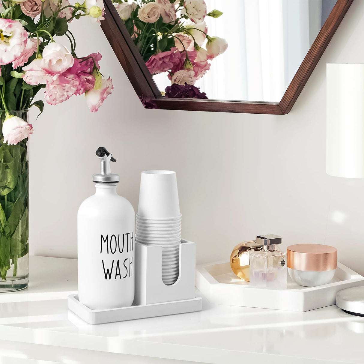 Mouthwash Dispenser for Bathroom, 16 OZ Glass Mouthwash Dispenser with Pour Spout and Wood Cup Holder and Tray, Mouth Wash Bottle Container, Farmhouse Kitchen Bathroom Decor and Accessories, White Bivvclaz