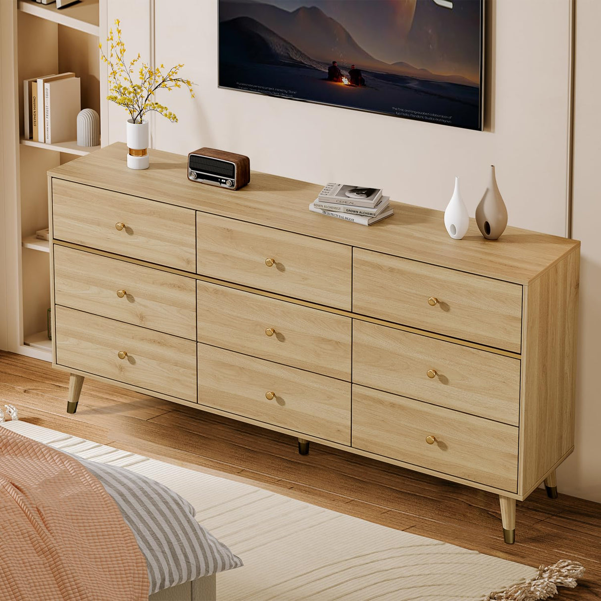 Chrangmay 9 Drawer Dresser,63" Wide Mid Century Modern Chest of Drawers,Wooden Bedroom Drawer Dresser with 9 Storage Drawers for Bedroom, Living Room,with Anti-Tipping Device,Woody Chrangmay