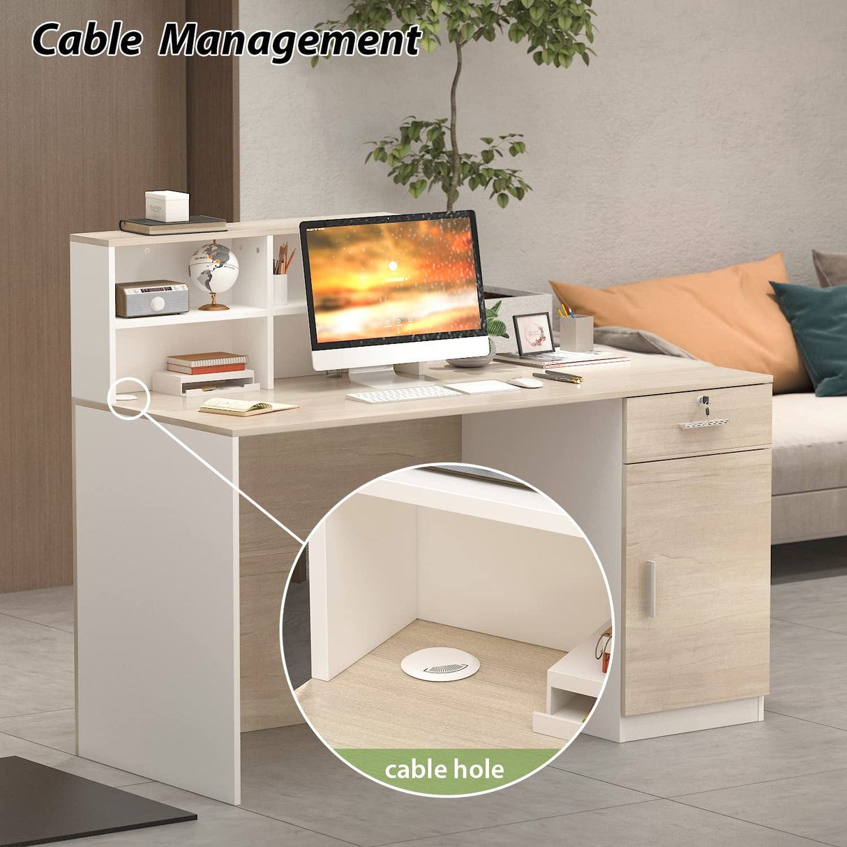 AIEGLE Reception Desk with Counter & Lockable Srotage Drawers, for Salon Reception Room Checkout Office, Natrual (55.1" L x 23.6" W x 43.3" H) AIEGLE