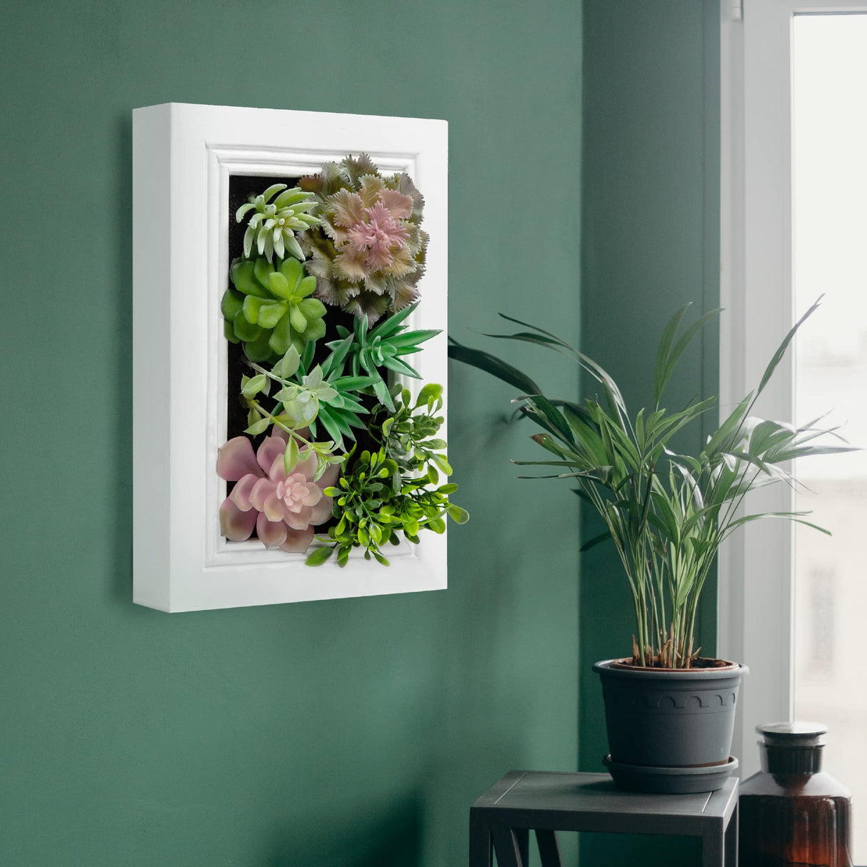 Nattol 3D Artificial Succulent Wall Art, Wood Frame with Realistic Faux Plant, Wall Hanging Botanical Decoration, Home Decor Idea for Vertical Garden and Fake Plants, White Nattol