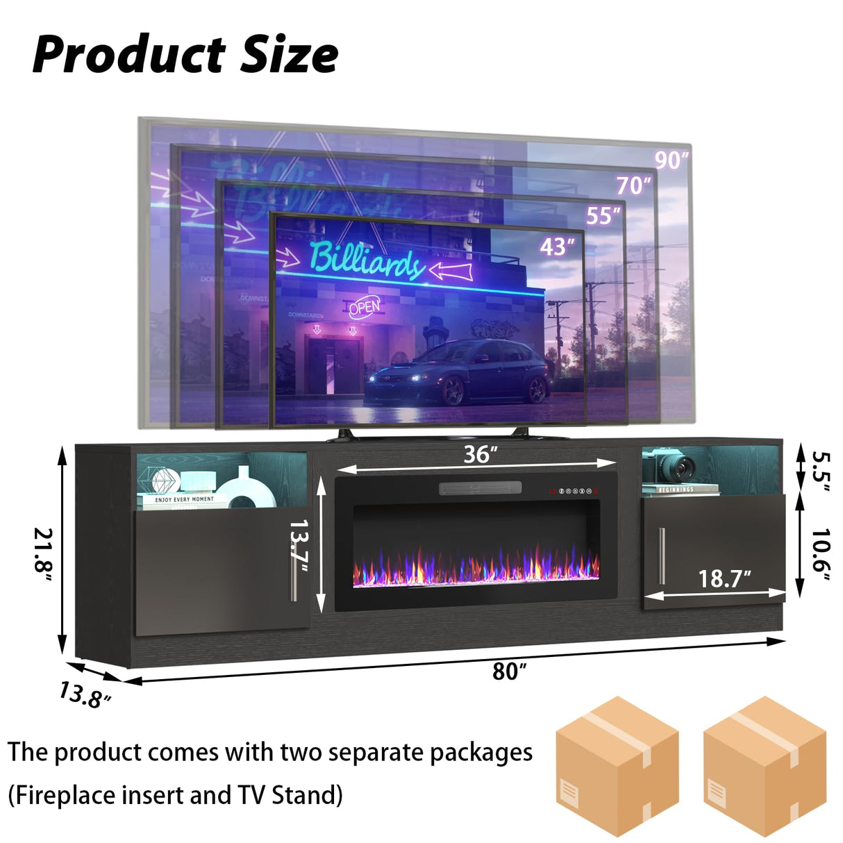 TAVATA Fireplace TV Stand with 36" Fireplace,80" TV Stand with LED Light for TVs Up to 85",Entertainment Center Console Table with Highlight Storage Cabinets (Black) TAVATA