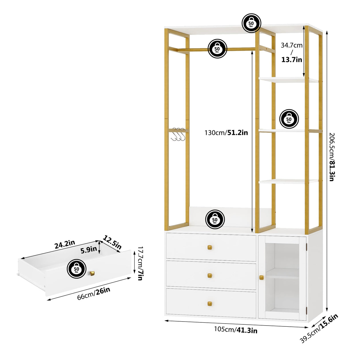 BOTLOG Closet System Organizer, 81.3” H Wardrobe Closet with 3 Wooden Drawers, Clothes Rack with Hanging Rods, 4 Tiers Shelves, Metal Frame, White and Gold BOTLOG