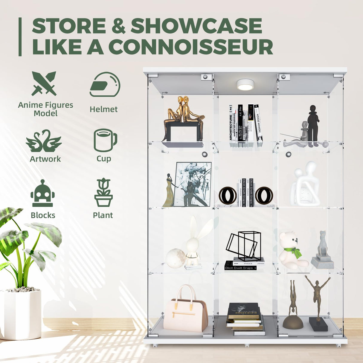 HAMBING Glass Display Cabinet with LED Light & Lock, 4 Shelves 3-Column Display Showcase, 2 Side Doors and Open Center Column, Tempered Glass Curio Cabinet for Bedroom, Living Room - White HAMBING