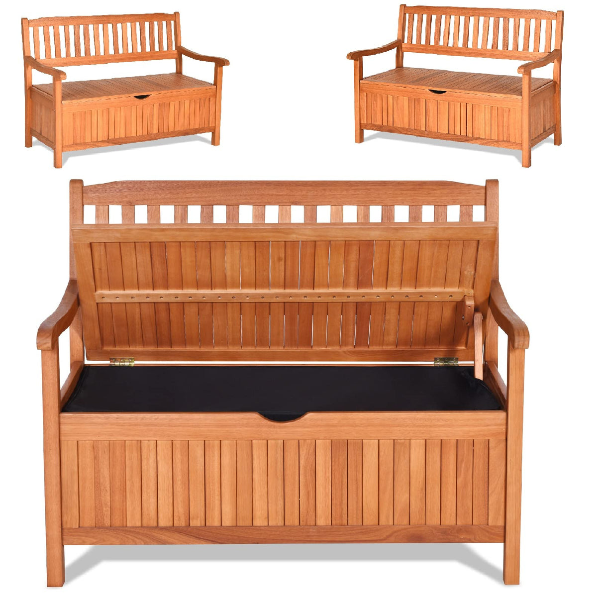 Safstar Outdoor Patio Bench with Storage Box, 33 Gallon Capacity, Wooden Frame, Eucalyptus Material, Natural Color, 42 x 23 x 35.5 Inches S AFSTAR