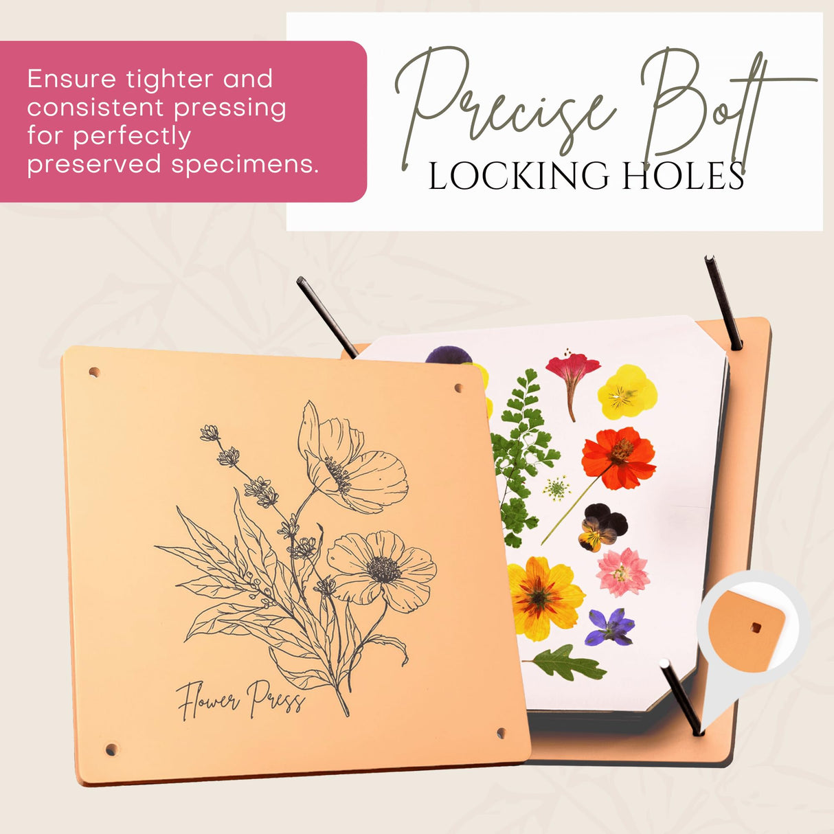 Wooden Flower Press - Durable Bolt Lock Design Complete Pressing Kit w/White Absorbent Sheets, Ebook Guide & More - 10 Layers for Drying & Preserving Flowers - Ideal Craft Gift for Nature Lovers Carnation Canvas