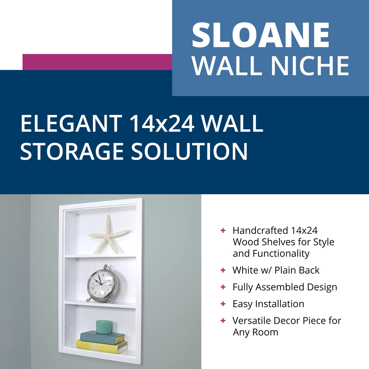 Fox Hollow Furnishings 14x24 Sloane Recessed Wall Niche Medicine Cabinet Replacement, in The Wall Bathroom Cabinet Insert Shelf/Shelves, Made in North America, Real Wood, NO MDF, White Plain Back Fox Hollow Furnishings