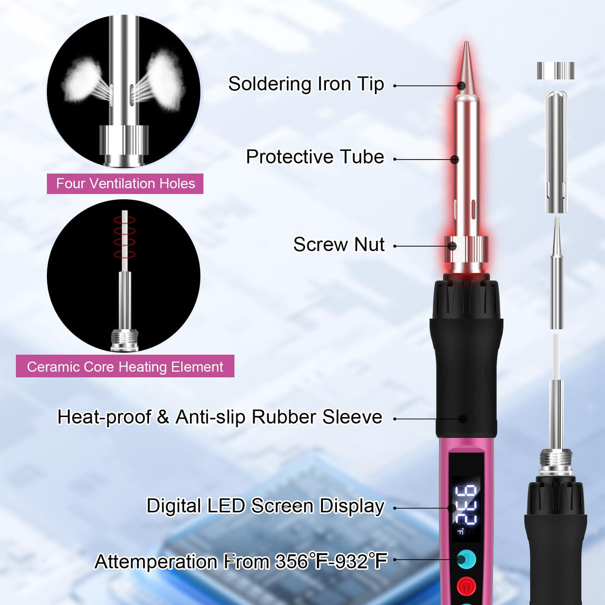 Soldering Iron Kit, 100W Soldering Gun with LED Digital Display, Adjustable Temperature 356-932â Solder Kit for Electronics, Includes Soldering Tip, Solder Wire, Stand, Tweezers and Paste, Rose Red Crtsweker
