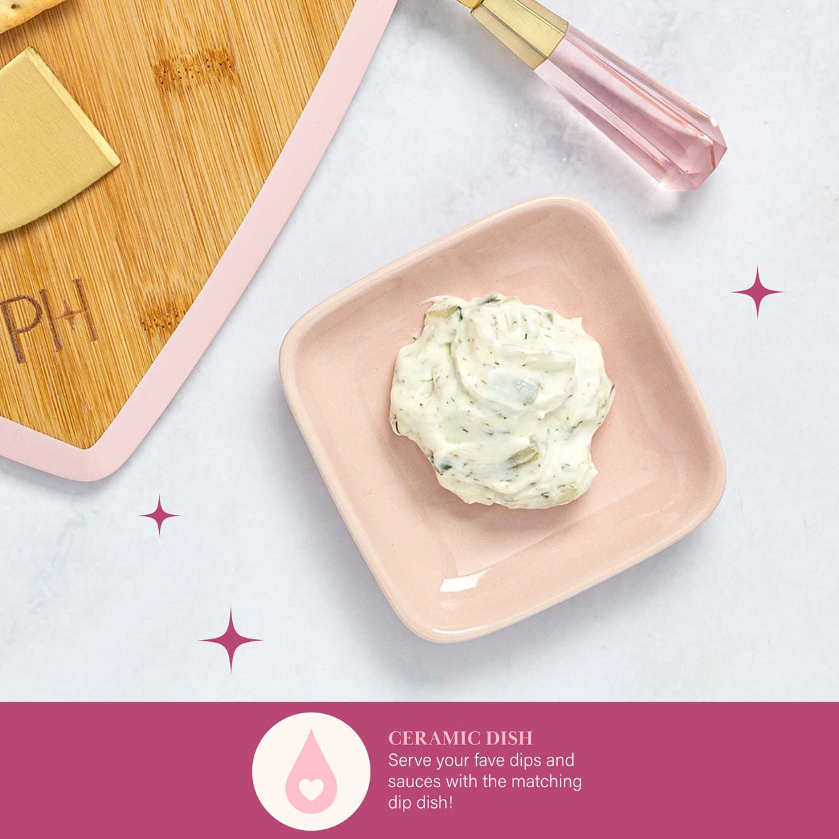 Paris Hilton Charcuterie Board and Serving Set, Bamboo Serving Board, Ceramic Dish, Cheese Utensils with Titanium Coated Blades, 6-Piece Set, Pink Paris Hilton