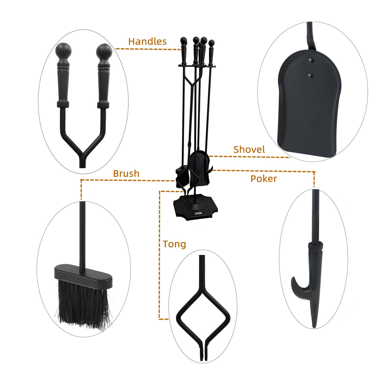 VODA Fireplace Tools Set 5 Pieces 31.5In Cast Iron Indoor Fireside Accessories Large Fire Place Tool Set Outdoor Holder Fire Kit Stand Wood Stove Log Shovel Brush Tong and Fireplace Poker VODA