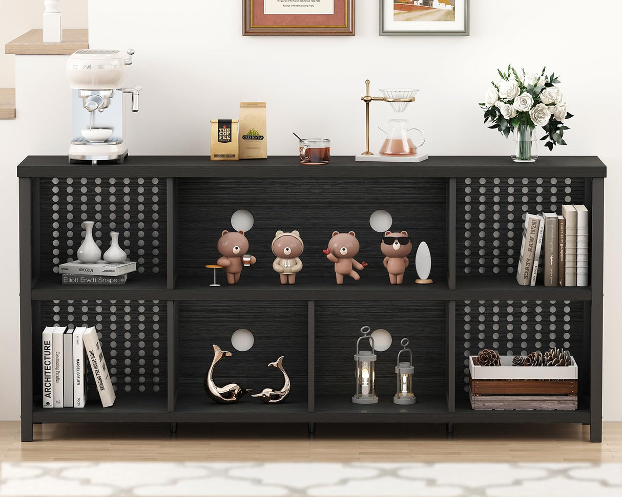 LVB Black Horizontal Bookshelf, Modern Cube Storage Organizer Bookcase, Industrial Wide Long Wood Metal Book Shelf, Farmhouse Low Large Cube Shelf for Office Home Bedroom Living Room, Black Oak, 63 In LVB