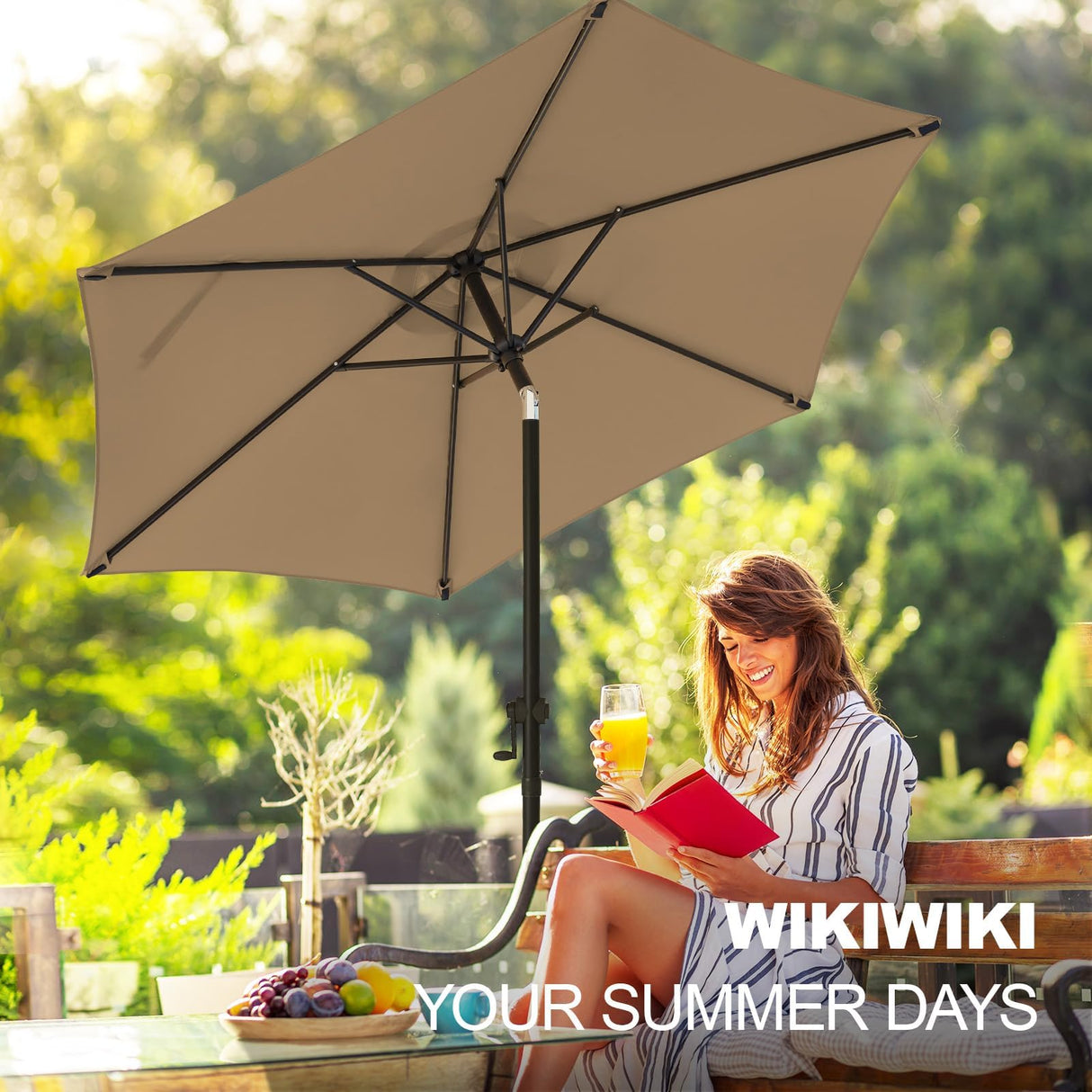 wikiwiki 7.5 FT Patio Umbrellas Outdoor Table Market Umbrella with Push Button Tilt/Crank, 6 Sturdy Ribs, Fade Resistant Waterproof POLYESTER DTY Canopy for Garden, Lawn, Deck, Backyard & Pool, Tan wikiwiki