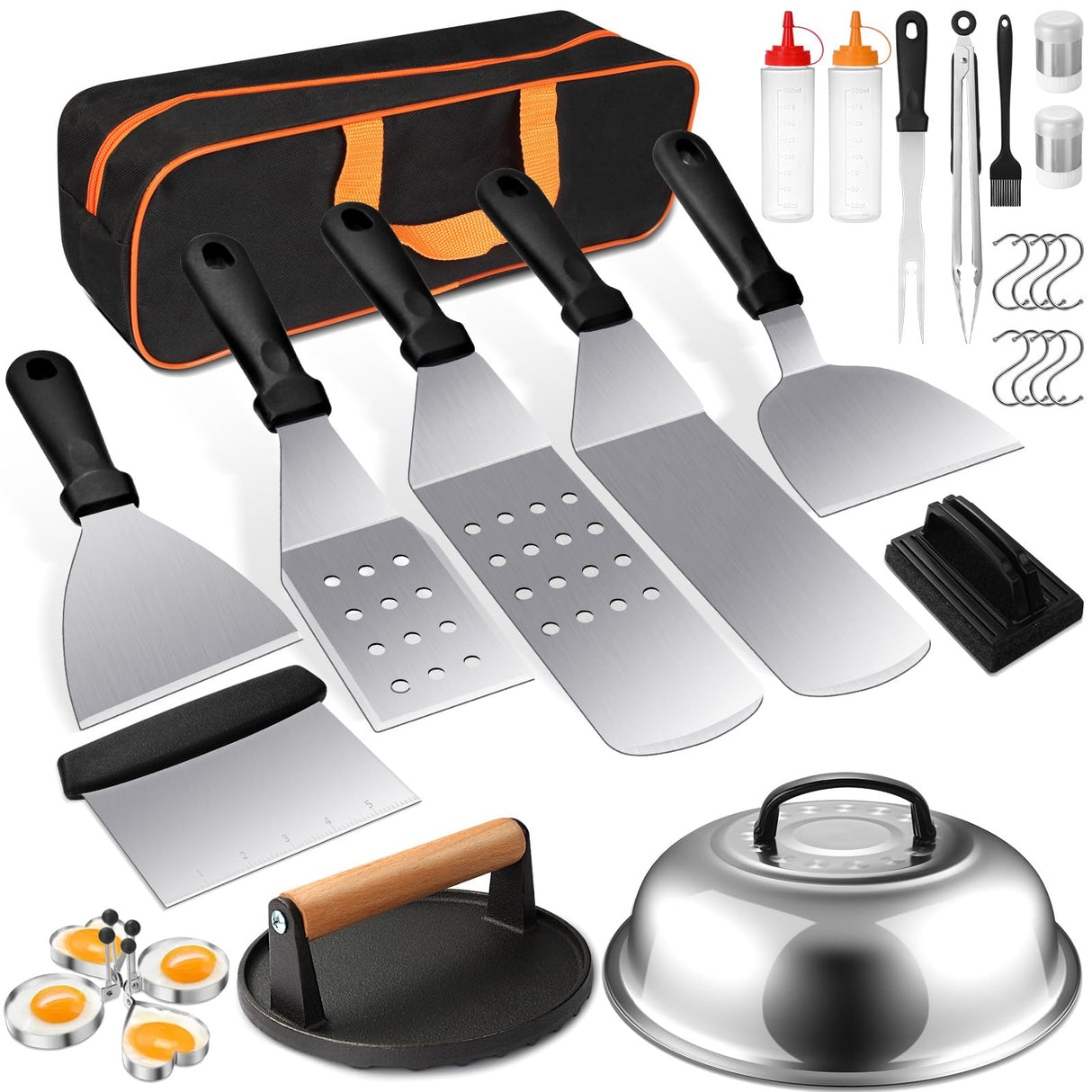 Griddle Accessories Kit, Terlulu 29 PCS Flat Top Grill Accessories for Blackstone and Camp Chef, Metal Spatula Set with Burger Press, Melting Dome, Scraper, Tongs, Carry Bag for Outdoor Grilling BBQ Terlulu