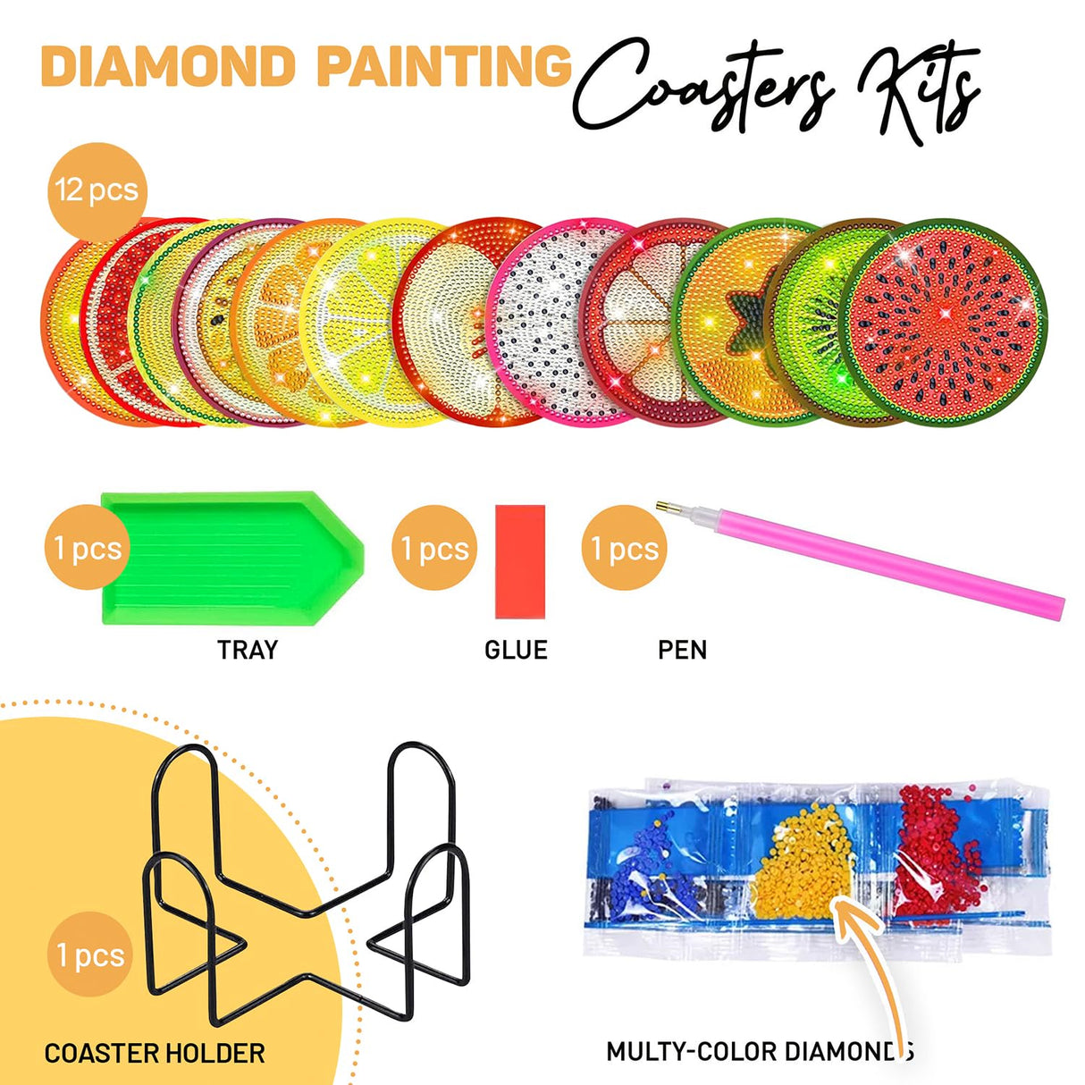 12 pcs Diamond Painting Coasters | Diamond Art Coasters | Fruit Diamond Art Painting | Perfect Art Craft Gift for Fruit Lover, Dad, Mom, Grandparents, Brother, Sister. LGANHAPY