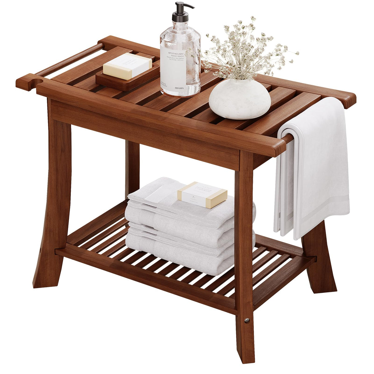 Teak Shower Bench, 24 Inch Teak Shower Stool 300lbs Wood Shower Chair Seat with Storage Shelf Towel Rack for Bathroom Indoor and Outdoor Use Homman