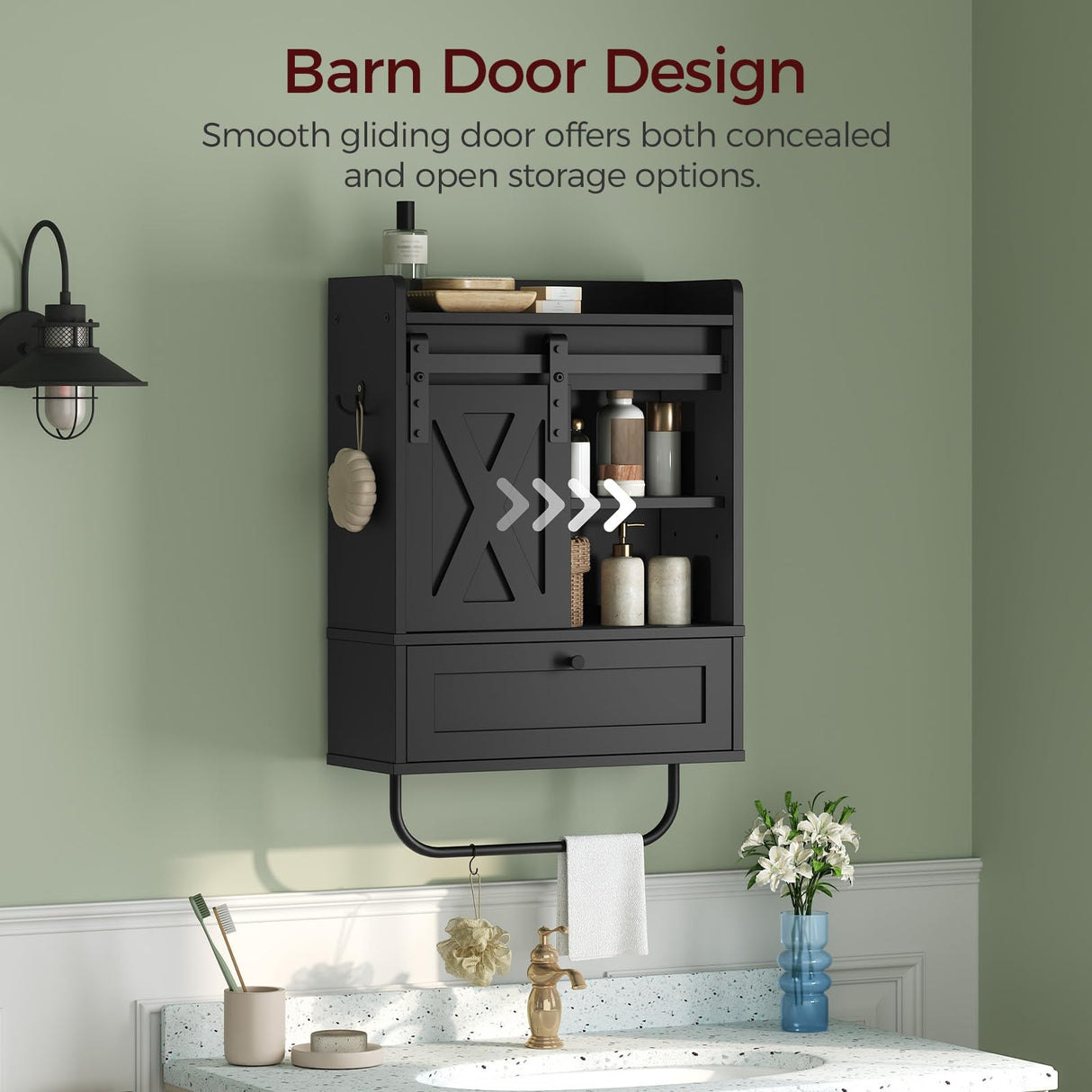 MAHANCRIS Bathroom Wall Cabinet, Farmhouse Medicine Cabinets with Sliding Door, Wall Mounted Storage Cabinet with Adjustable Shelf and Towel Bar, for Bathroom, Living Room, Kitchen, Black MAHANCRIS