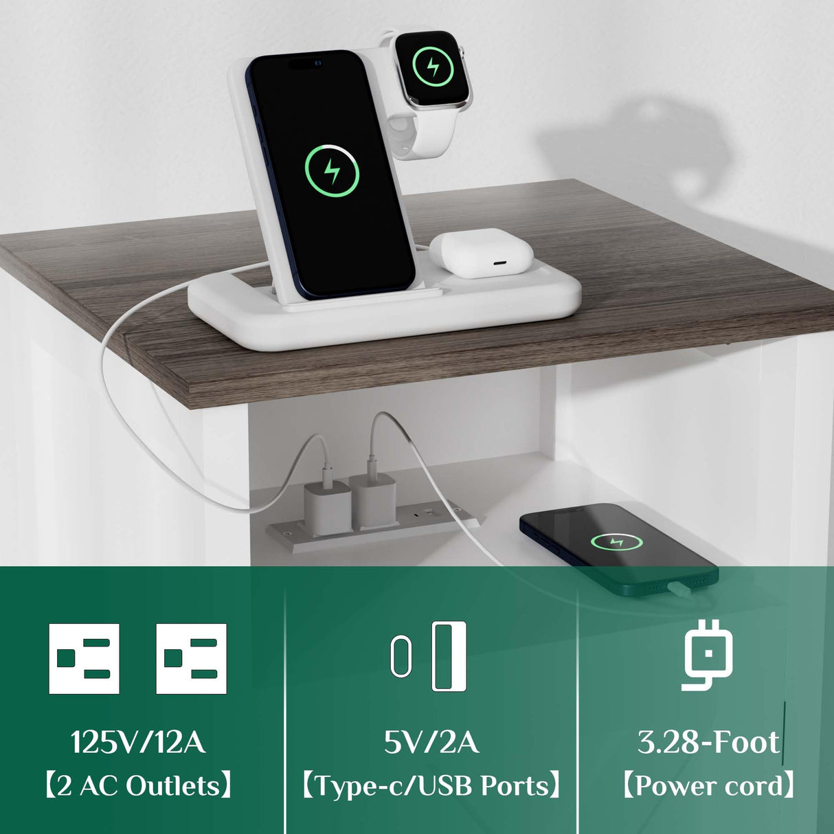 Ltysh Farmhouse Nightstand with Charging Station, Modern Bedside Table Set of 2 with Barn Door and Shelf, Rustic Sofa Side End Table Side Table, Dresser for Bedroom, Living Room (White,2) Ltysh