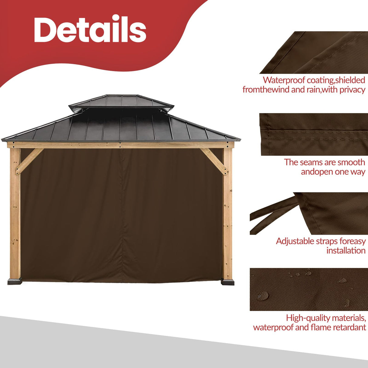 Coastshade Gazebo Pergola Canopy Panel Sidewalls Replacement 8ft Gazebo Pergola Privacy Panels Sidewall for Gazebos with 10Curtain Rings &10Rail Hooks,Brown CoastShade