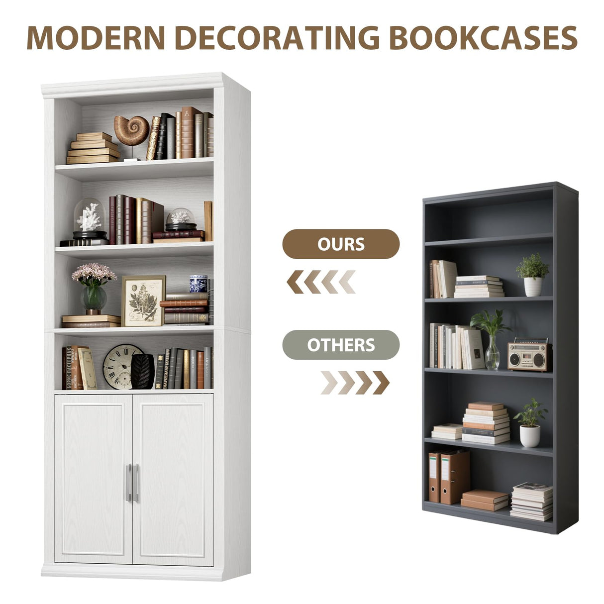 Rresyet 28" W Bookcase with Doors, Modern Tall Bookshelf 6-Tier White Bookshelves with Storage Cabinet for Office, Living Room, Library Rresyet