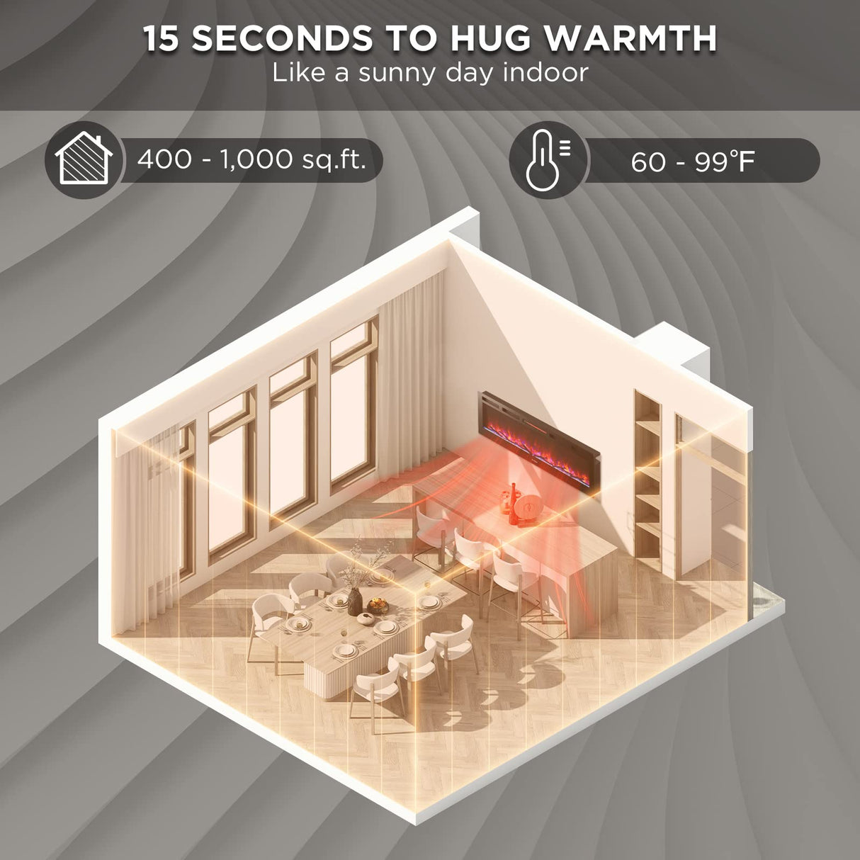 TURBRO 60” Smart WiFi Infrared Electric Fireplace with Sound Crackling and Realistic Flame, 1500W Quartz Heater, Recessed or Wall Mounted, Adjustable Flame Effects, Remote Control and App, in Flames TURBRO