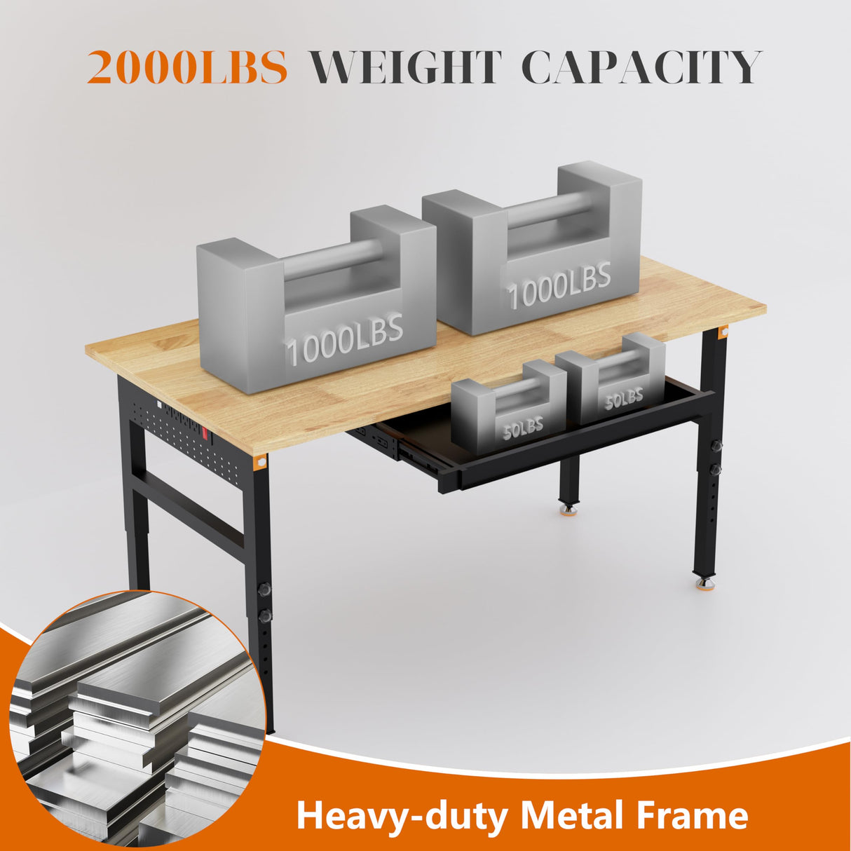 Betterhood 60" Adjustable Height Workbench, 2000 LBS Heavy Duty Work Table with Power Outlets & Pegboard, Rubber Wood Workstation for Garage, Workshop, Office, Home, Commercial Betterhood