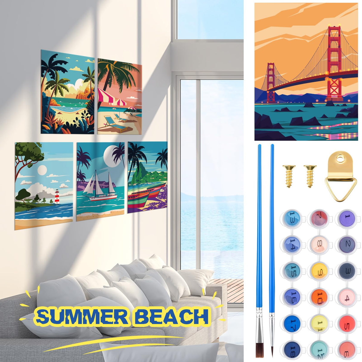 Gueevin 10 Pack Paint by Number DIY for Adults Paint by Numbers Acrylic Painting Kits Canvas, Without Frame, Simple Oil Painting for Spring Summer Gift Wall Decor 12 x 16 inch(Beach Style) Gueevin