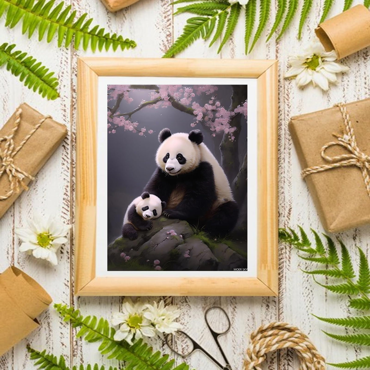 DIY Diamond Painting Kits Panda and Cub with Flowers Paint by Numbers for Adult Beginners, Full Round Panda Diamond Art Kits for Adults, for Wall Decor Club Decor Gifts 12x16 inch MOER SKY