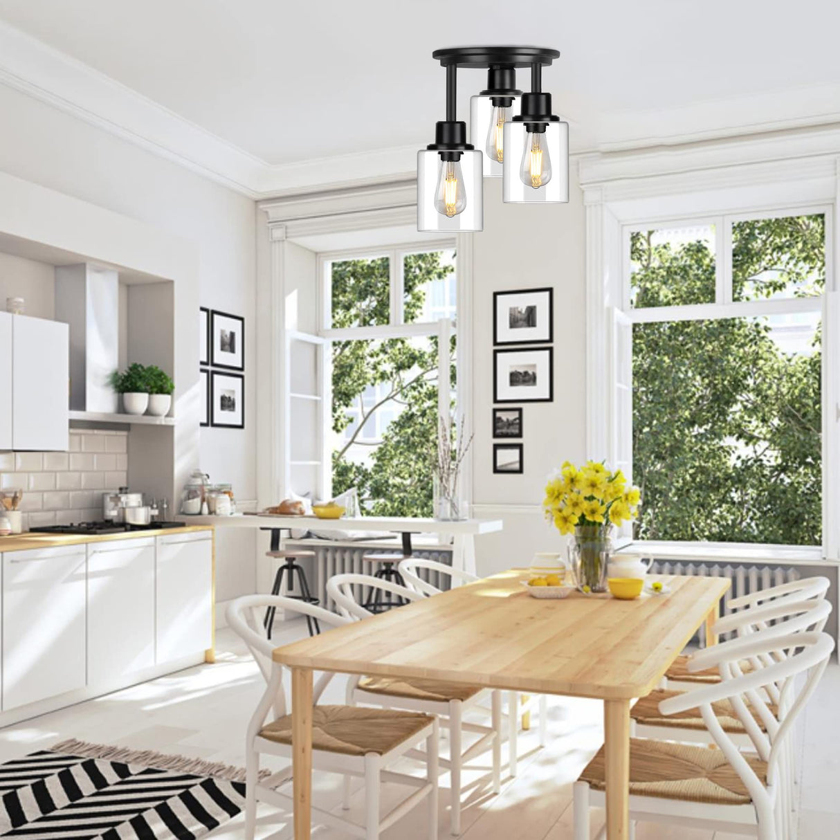 ROTTOGOON Semi Flush Mount Ceiling Light, 3-Light Close to Ceiling Light Fixtures, Matte Black Kitchen Light Fixtures with Clear Glass Shades, Hallway Light Fixtures Ceiling Mount for Foyer Entryway ROTTOGOON