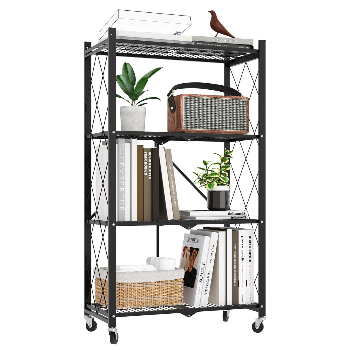FREGREE 50" H 4 Tier Foldable Storage Shelf with Wheels, Folding Shelving Loads 400 LBS, Metal Steel Garage Shelves, Rolling Standing Utility Rack for Kitchen, Pantry, Office, Black FREGREE