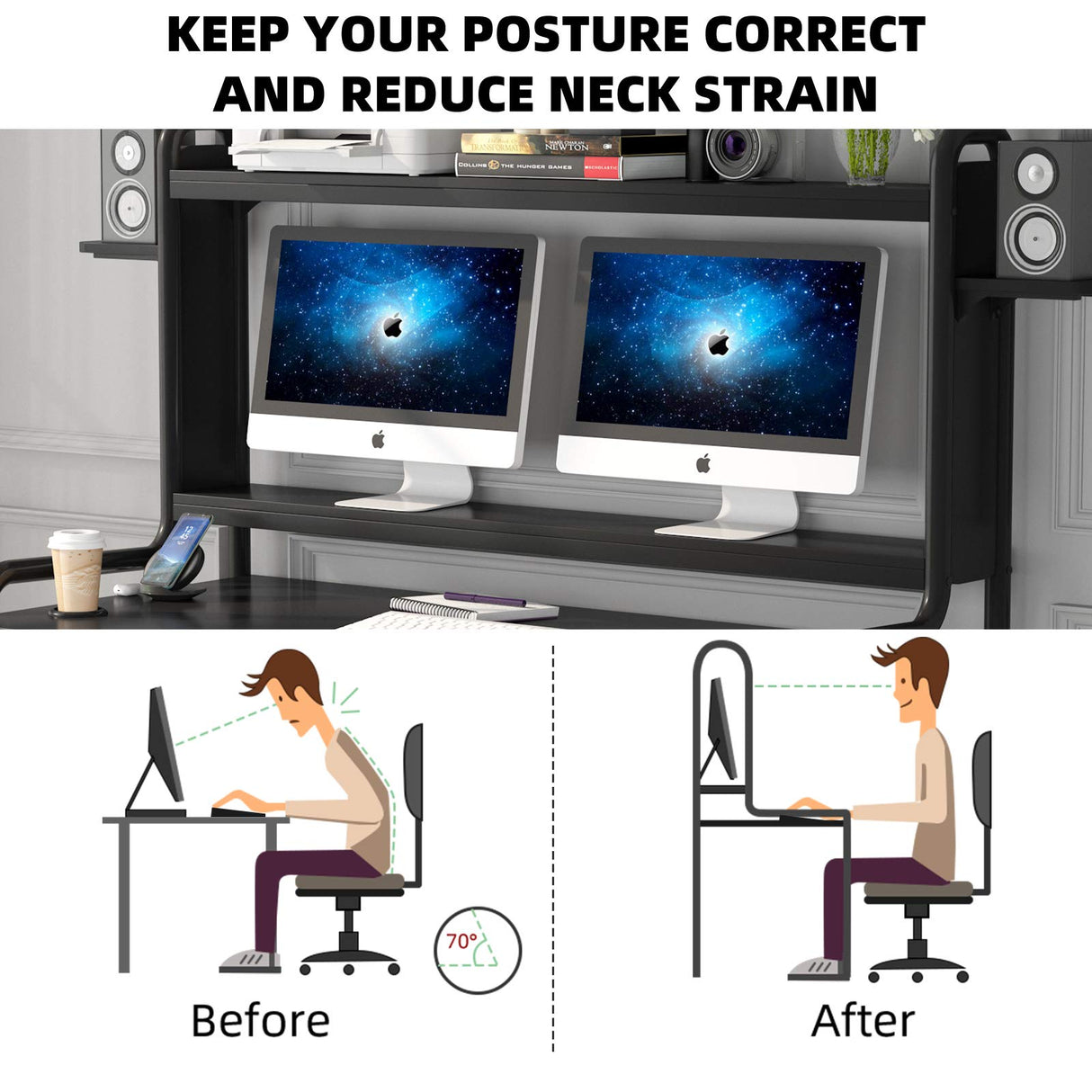 TIYASE Gaming Desk with Monitor Stand, Computer Desk with Hutch and Storage Shelves, Large PC Gamer Desk, Workstation Table with Cup Holder, Headphone Hook, Speak Stands, Black, 55 Inch TIYASE