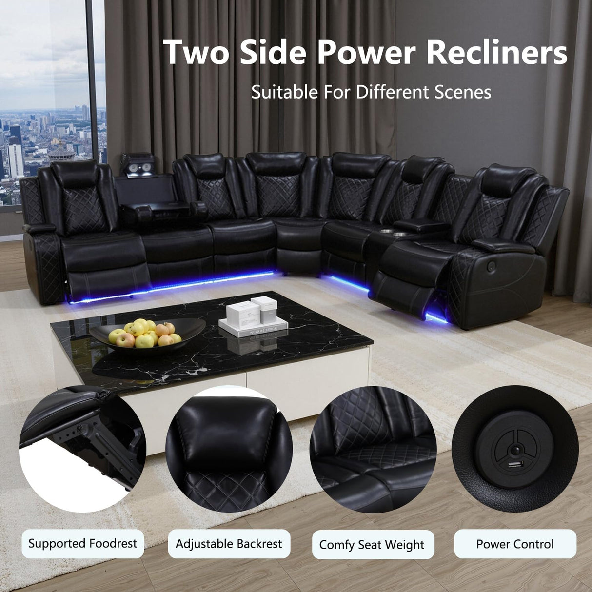 GEBADOL Power Recliner Sectional Sofa with LED, Black Leather Reclining Sectional Couch, Air Leather Sofa Couch with USB Port&Cup Holder for Living Room/Apartment/Office GEBADOL