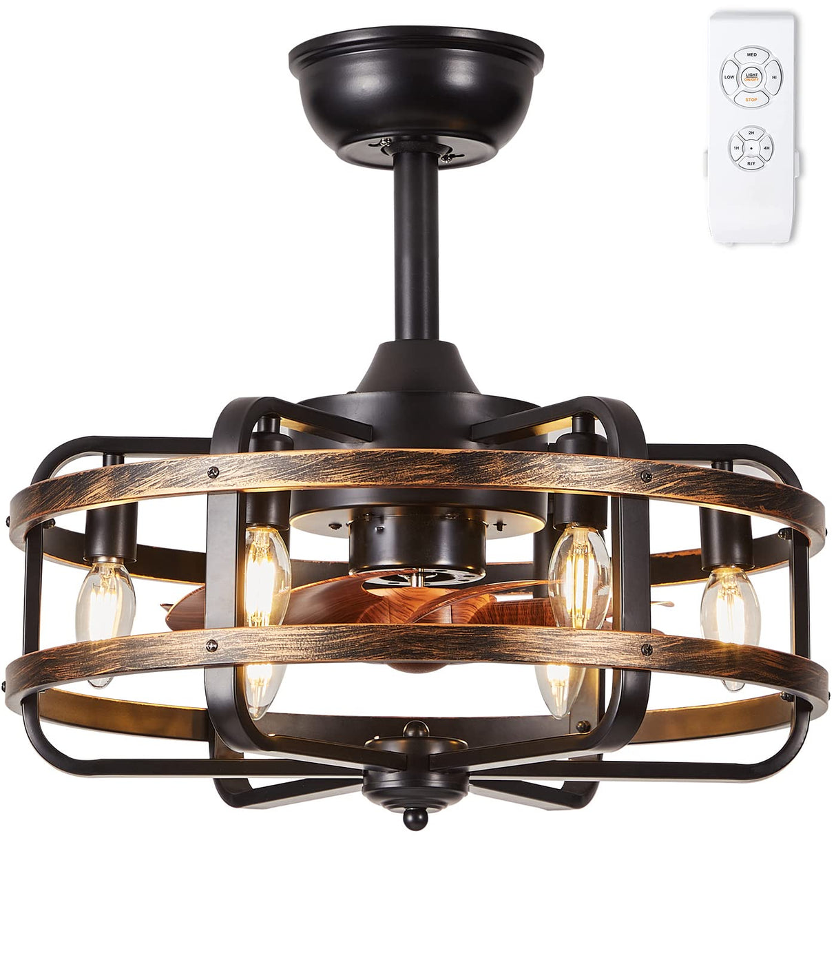 IYUNXI Caged Ceiling Fans with Lights Farmhouse, 18 Inch Flush Mount Vintage Bladeless Rustic Chandeliers Fan Remote Bedroom 6 Light E12 Bulb Base IYUNXI