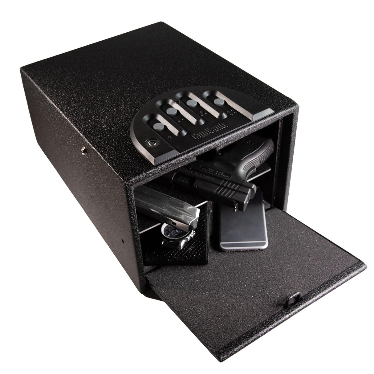 GunVault MultiVault Deluxe 2-Gun Quick Access Pistol Safe with No-Eyes Keypad, Motion Alarm & Interior Light – Secure Handgun Safe & Portable Lockbox GunVault