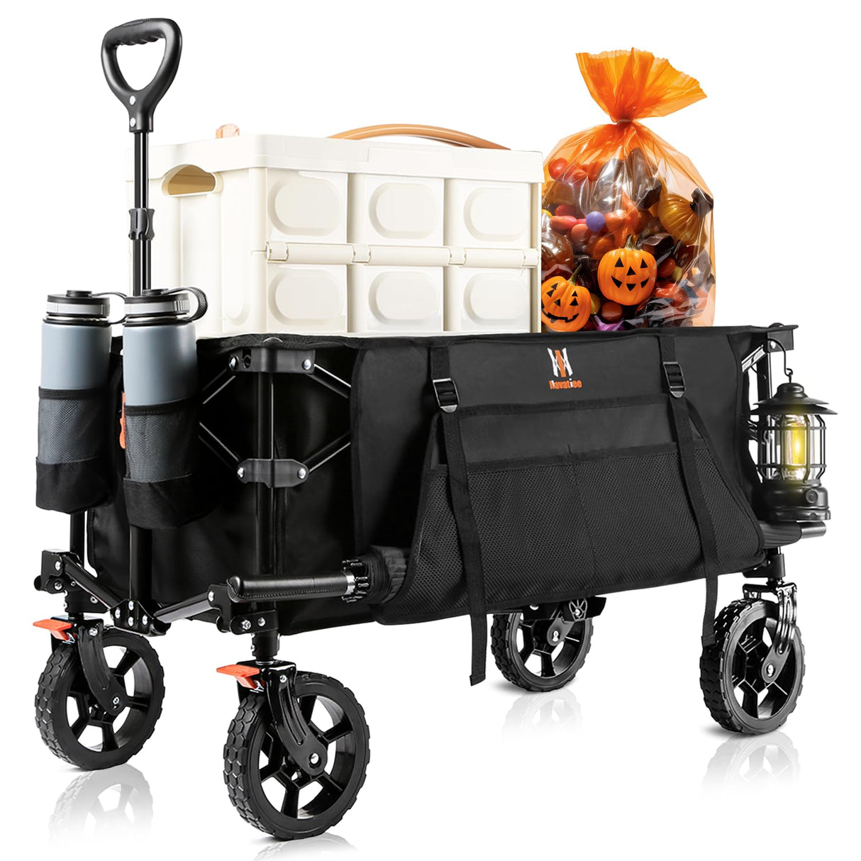 Navatiee Collapsible Folding Wagon, Heavy Duty Utility Beach Wagon Cart with Side Pocket and Brakes, Large Capacity Foldable Grocery Wagon for Garden Sports Outdoor Use, S1 Navatiee