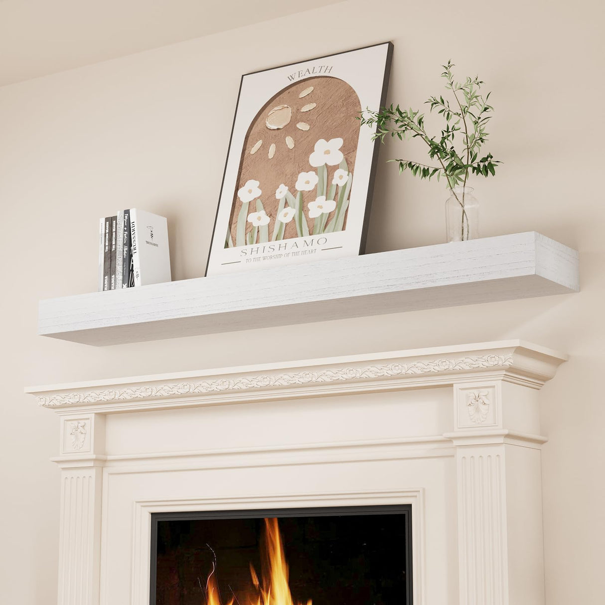 SAUMONIERES Fireplace Mantel Shelves 60 Inch Solid Wood Wall Mounted Long Floating Shelf Hollow, White SAUMONIERES