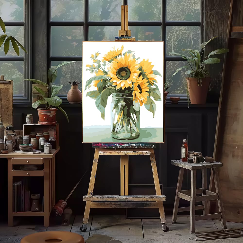 Natuyalo Paint by Numbers Kit for Adults Beginners and Kids, 16" Wx20 L Canvas Pictures Drawing Acrylic Paintwork with 3 Pcs Paintbrushes, Sunflowers in a Vase Natuyalo