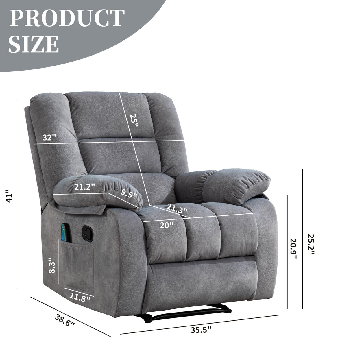 IOMOR Manual Recliner Chair with Heat and Massage, Ergonomic Overstuffed Breathable Fabric Reclining Chairs, Single Sofa Chair with Side Pockets for Living Room Home Theater (Light Gray) IOMOR