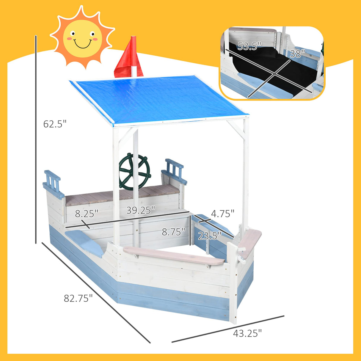Outsunny Kids Sandbox with Canopy, Pirate Ship Wooden Sand Boxes with Bench for Backyard, Sand Pit for Toddlers, 83" x 43", Blue Outsunny