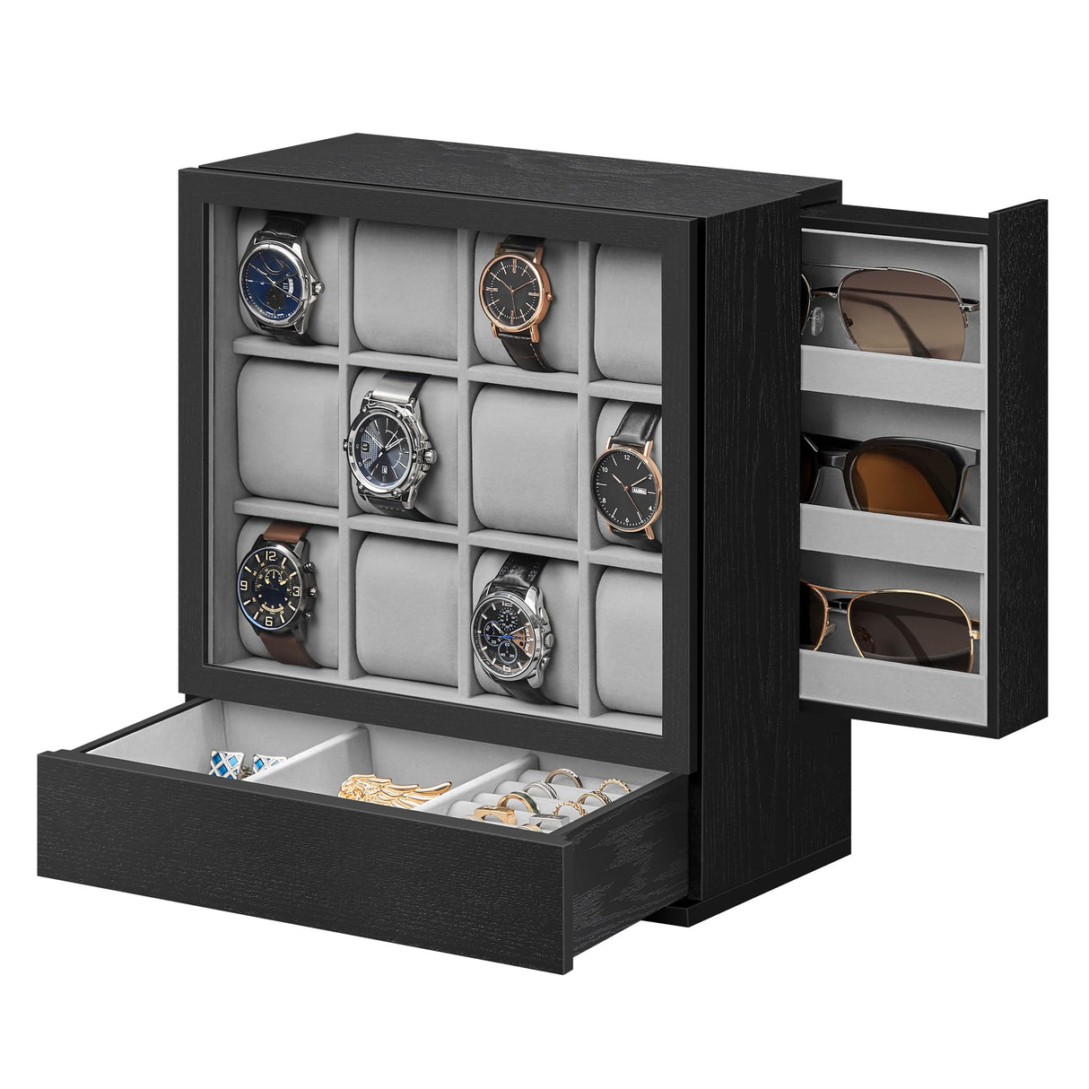 SONGMICS 12-Slot Wooden Watch Box, Watch Display Case with Window, Watch Display Cabinet with Solid Wood Veneer, Velvet Lining, Vertical Storage, SONGMICS