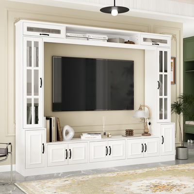 ECACAD Wall Unit Media Console Entertainment Center with 12 Doors, Large TV Stand Set with Tempered Glass Doors and Adjustable Shelves for Living Room, White (96.9”W x 15.7”D x 78.7H)