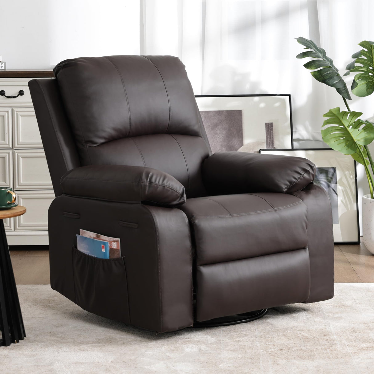 zzlay 360° Swivel Rocking Leather Recliner Chair for Adults, Overstuffed Manual Recliner with Spring Cushion, Glider Rocking Nursery Single Sofa with Side Pockets for Living Room, Coffee Brown zzlay