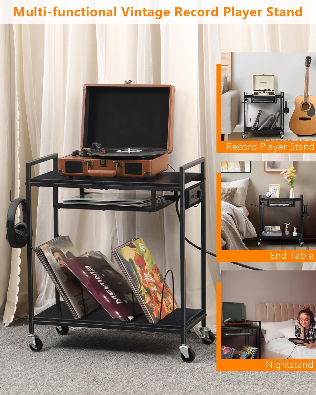 MOOACE Record Player Stand, Vinyl Storage Cabinet, Turntable Stand with Charging Station, Record Holder, Album Shelf, Nightstand, 2 Tier End Table on Wheels for Bedroom and Living Room, Black MOOACE