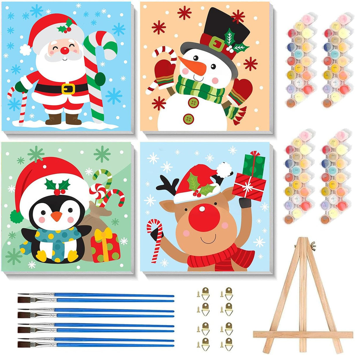 cviokrdu 4 Pack Paint by Numbers Kit for Kids with Frame-Wooden Easel, Christmas Paint by Numbers for Kids Ages 4 8 12, Easy Christmas Acrylic Oil Painting Kits for Home Wall Decoration 8x8 inch cviokrdu