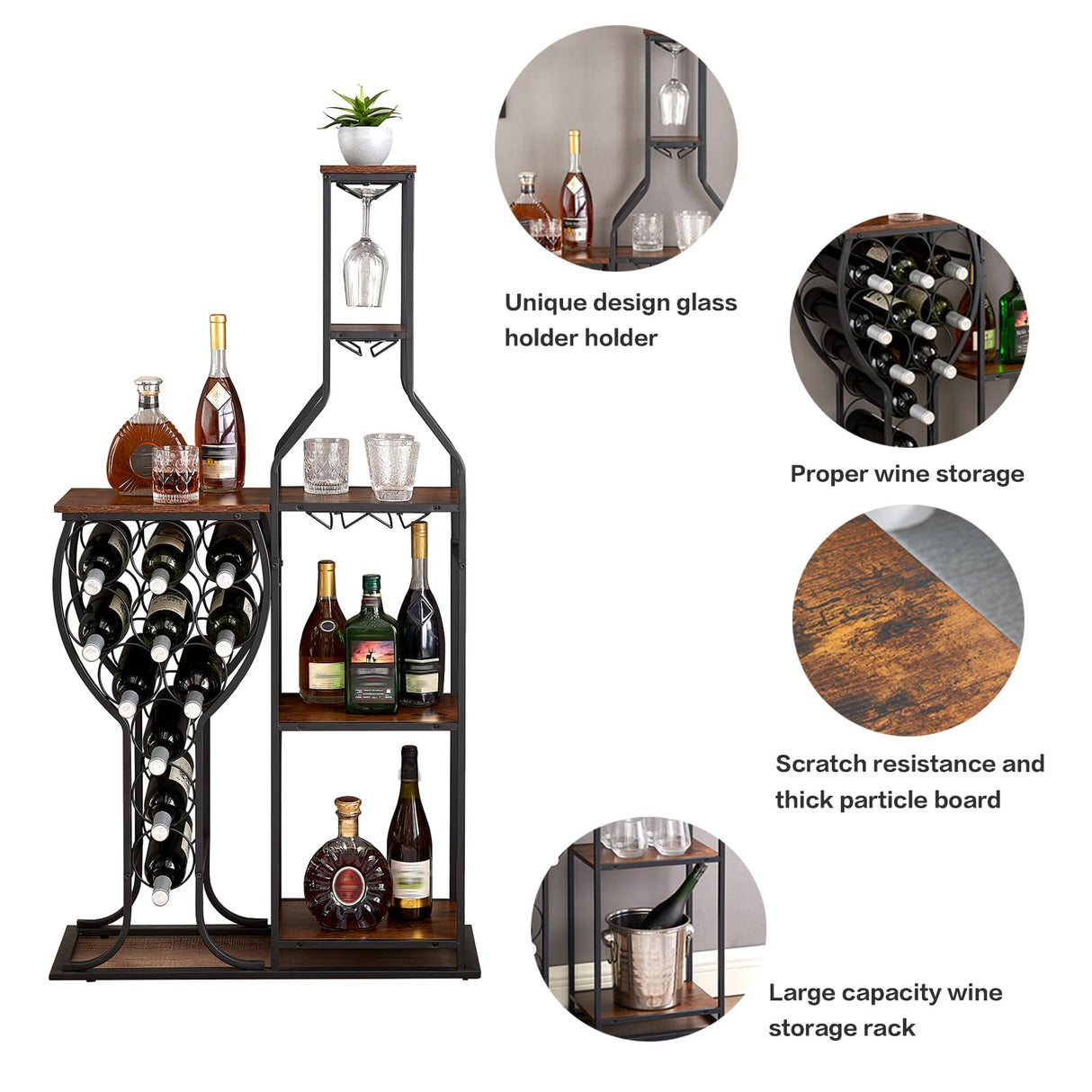 PUDDINER Wine Rack Freestanding Floor, 11 Bottle Wine Racks with Tabletop, Hanging Wine Glass Holder, 5 Tier Wine Bakers Rack, Bar Table Countertop, Wine Storage Shelf for Home, Bar, Kitchen, Brown PUDDINER