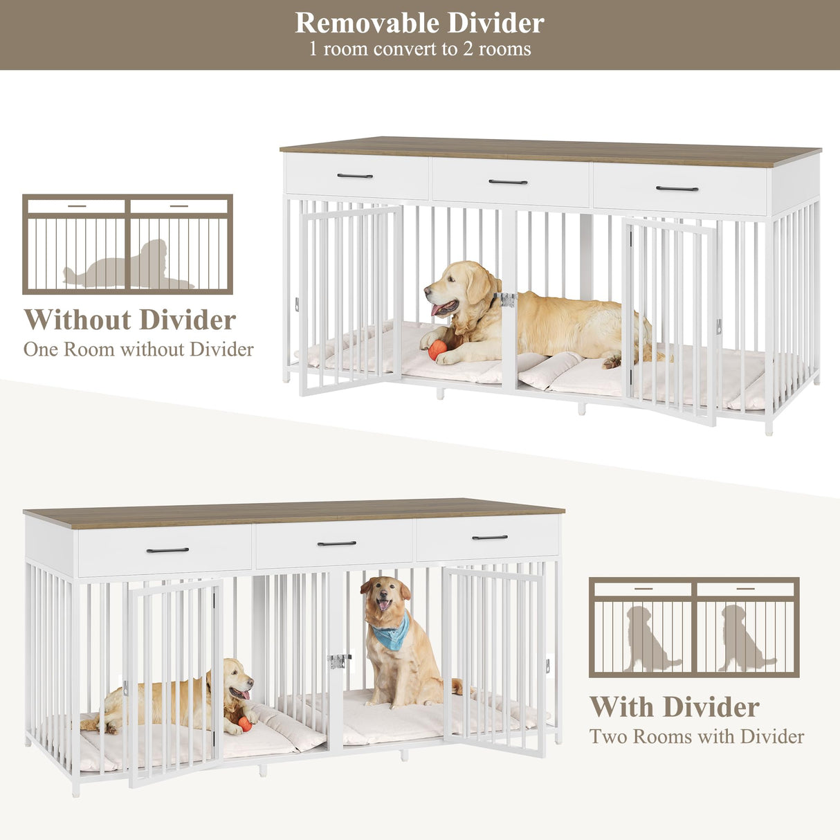 HOSTACK Double Dog Crates Furniture, 71" Wide Indoor Dog Kennel with 3 Drawers, Farmhouse Dog Cage for 2 Large/Medium Dogs, Heavy Duty Dog Crate with Removable Room Divider, Wooden Pet House, White HOSTACK