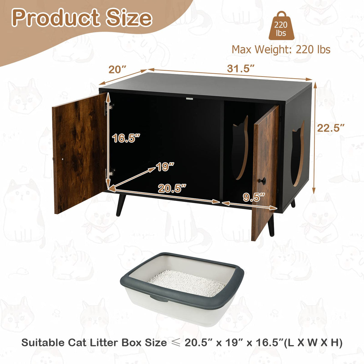 PETSITE Cat Litter Box Enclosure, Wooden Enclosed Litter Box with Divider, Stackable Hidden Litter Box Furniture End Table PETSITE