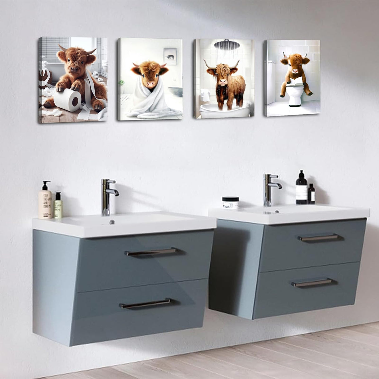 Framed Bathroom Decor Wall Art,Funny Highland Cow in Bathroom,Rustic Farmhouse Bathroom Wall Art,Funny Bathroom Wall Decor Signs,Cute Animal Art Prints for Bathroom(Framed,8x10inx4pcs) TWNSLLA