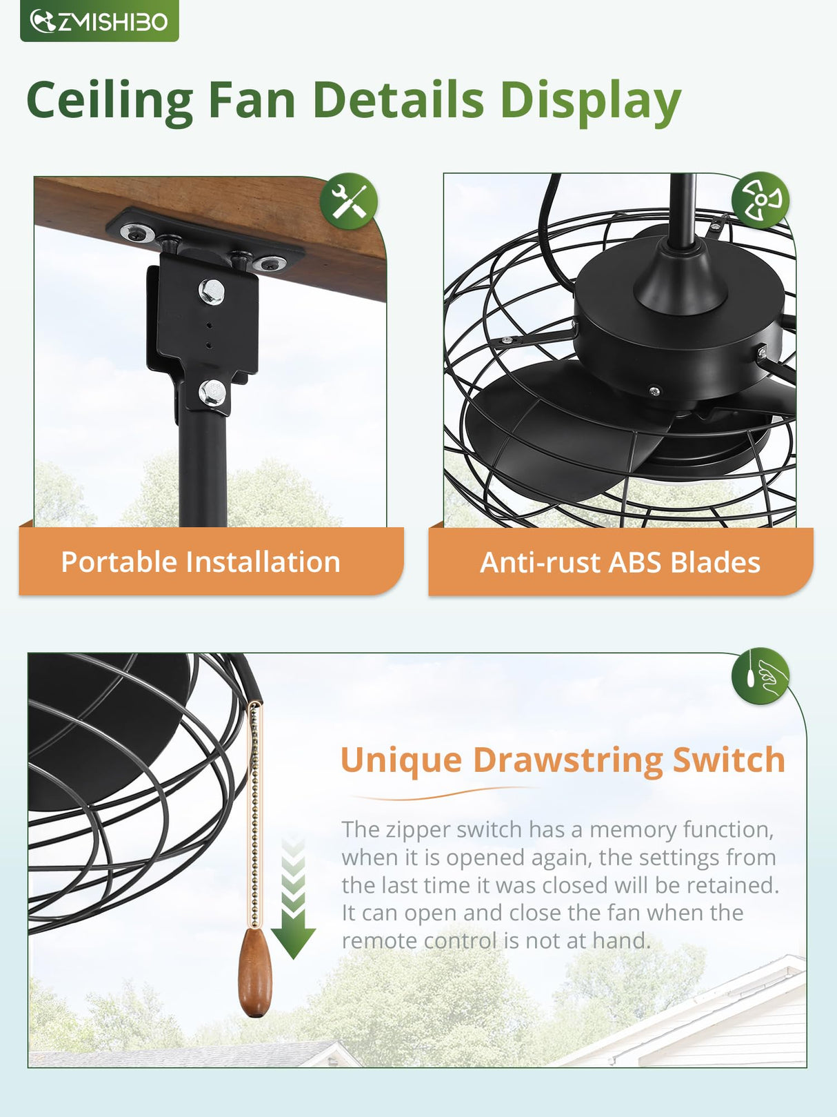 ZMISHIBO Outdoor Ceiling Fans with Light for Patios,Waterproof Gazebo Fan with Remote Control Smart App,3CCT Dimmable,Plug in Caged Ceiling Fan with Pull Chain for Porch Pergola,Black ZMISHIBO